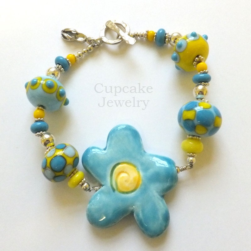 Ceramic Flower and Lampwork Bracelet