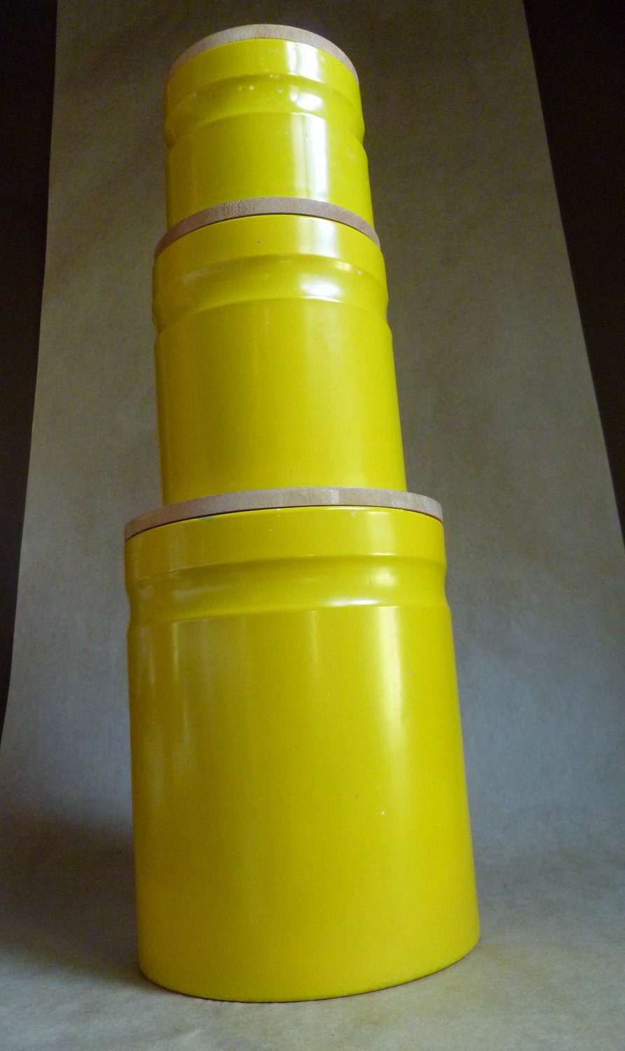 Danish Modern Canister Set, Bright yellow metal with Wood lids