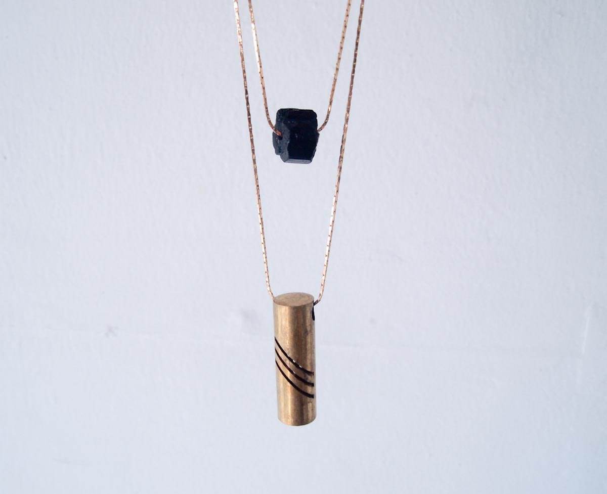 Brie - vintage brass geometric tube and tourmaline nugget double necklace