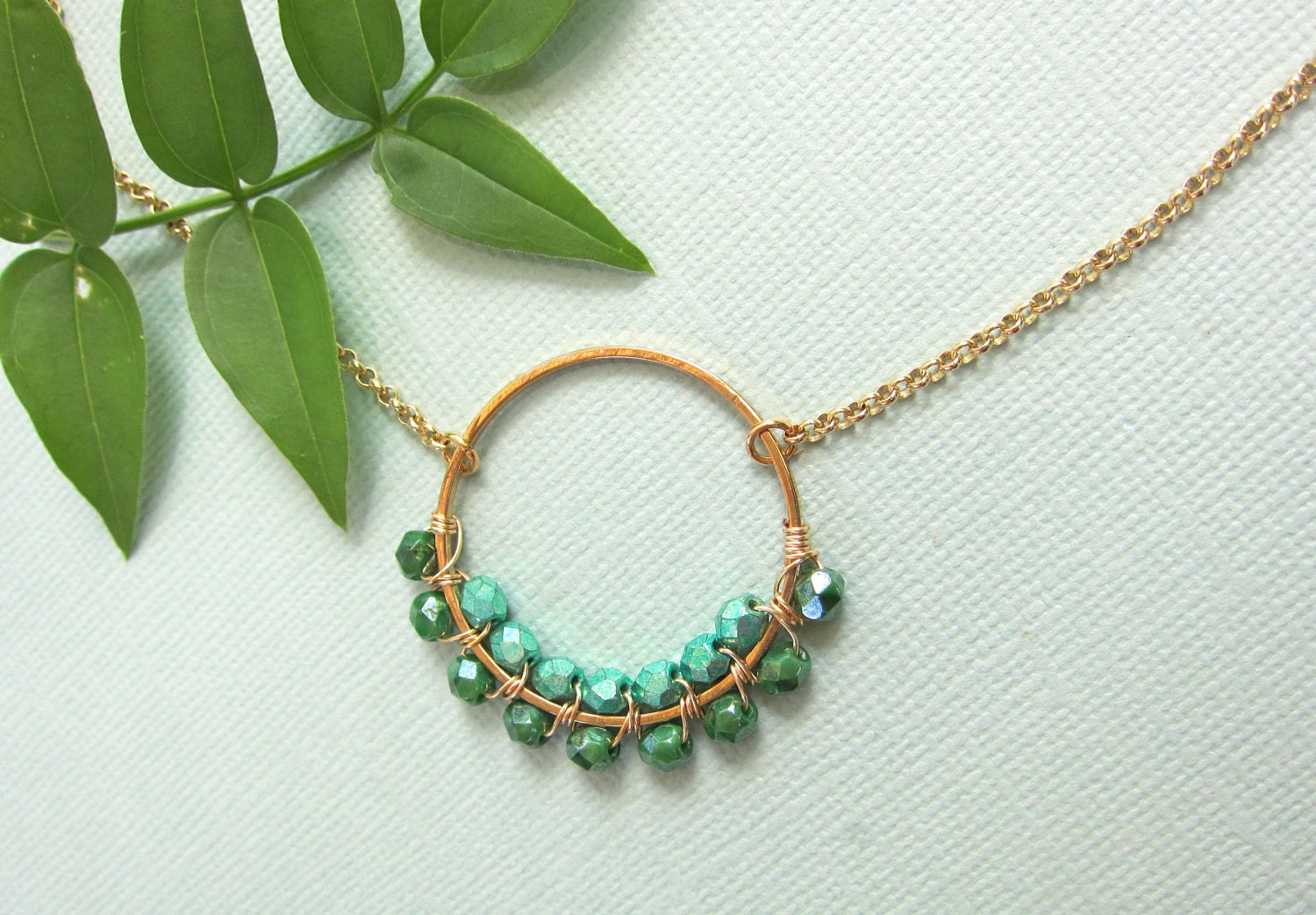 Gold Circle Necklace in Green