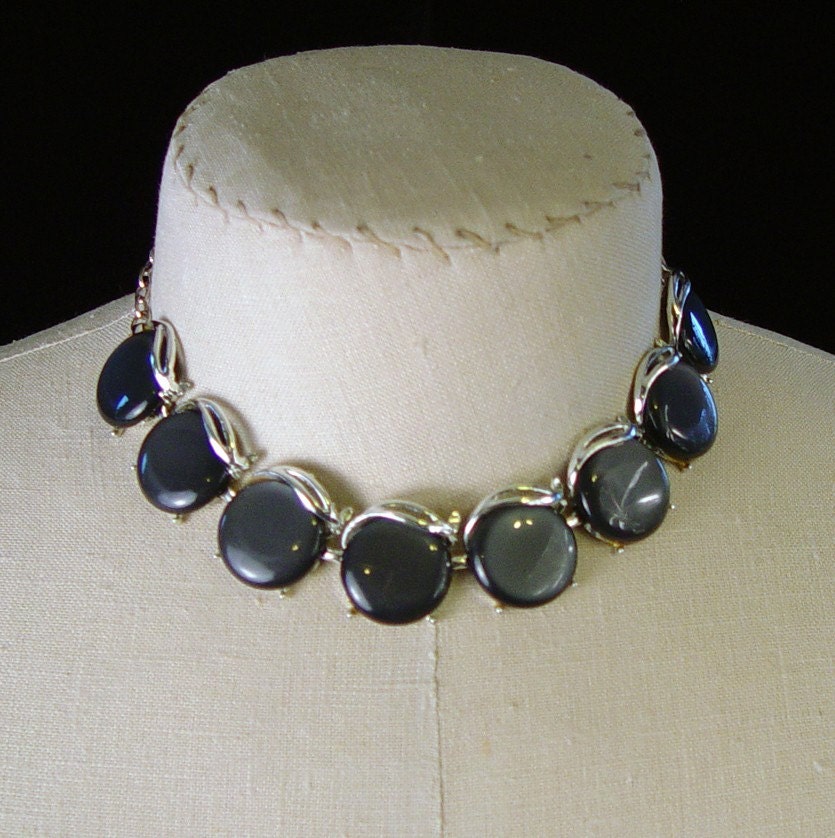 Vintage Womens Necklace Black Lucite Choker Necklace Round Disc Cabochon Silvertone 1950s Mid Century Jewelry