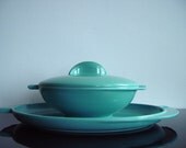 Melmac Platter & Divided Lidded Bowl 1950s Blue Boonton Melmac Eames Era Turquoise Vintage Serving Set Molded Plastic Melamine Housewares