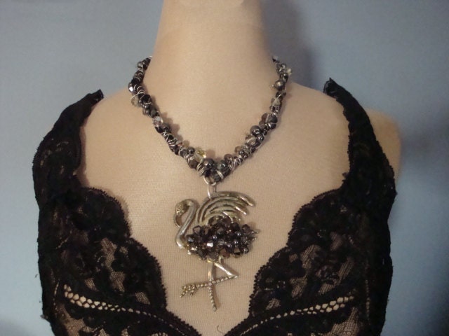 Reserverd for Pam-Fine Flamingo-Vintage-Art- Necklace-Grey Aura Borealis