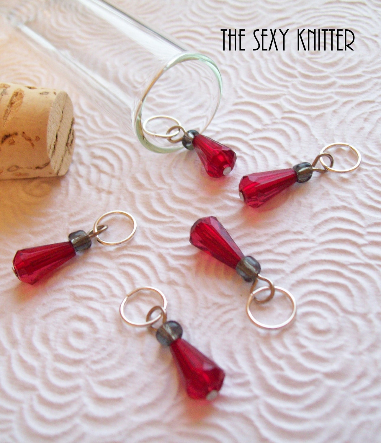 Red/Grey Teardrop Stitch Markers for Knitting - set of 5