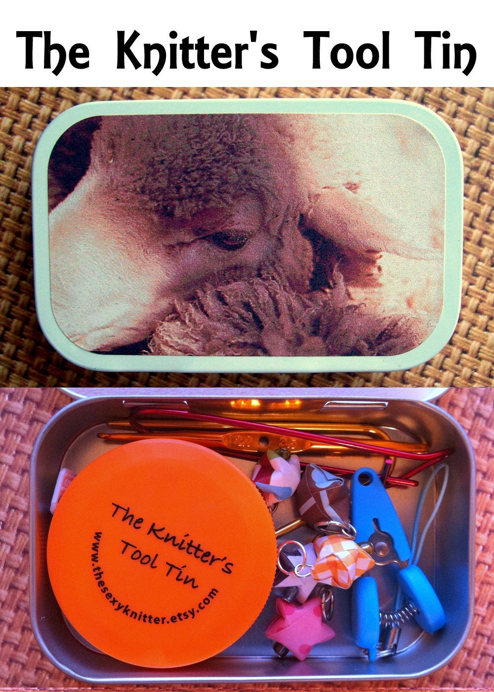 Sheep Closeup: The Knitter's Tool Tin with notions for your Project Bag