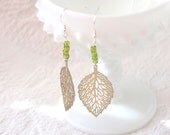 Filigree Leaf Vintage Charm Earrings with Green Glass Accent Beads
