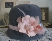 1940's Cloche Hat-Gray- Sweet Pink Rose-NORMA - SusieQsVintageShop