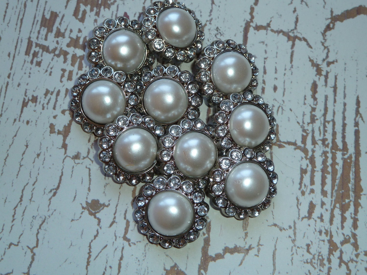 Set of TEN Acrylic Rhinestone Buttons or Flower Centers - PEARL and CLEAR