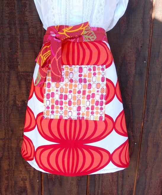 Geometric - Womens Half Apron, Cherry Red, Pink, pocket, long ties Medium to Extra Large