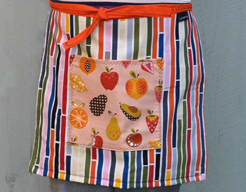 Children petite colorful stripes apron, orange ties, fruity pocket