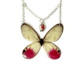 Glass Wing Butterfly Necklace Statement Jewelry Woodland Pink Cream Beige Bride Bridesmaid Jewelry Silver Vintage Illustration