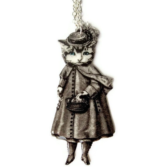 Lady Cat Necklace Victorian Chat Noir Illustration Blue Eyes Black and White Surreal Anthropomorphic 16" Silver Plated Chain