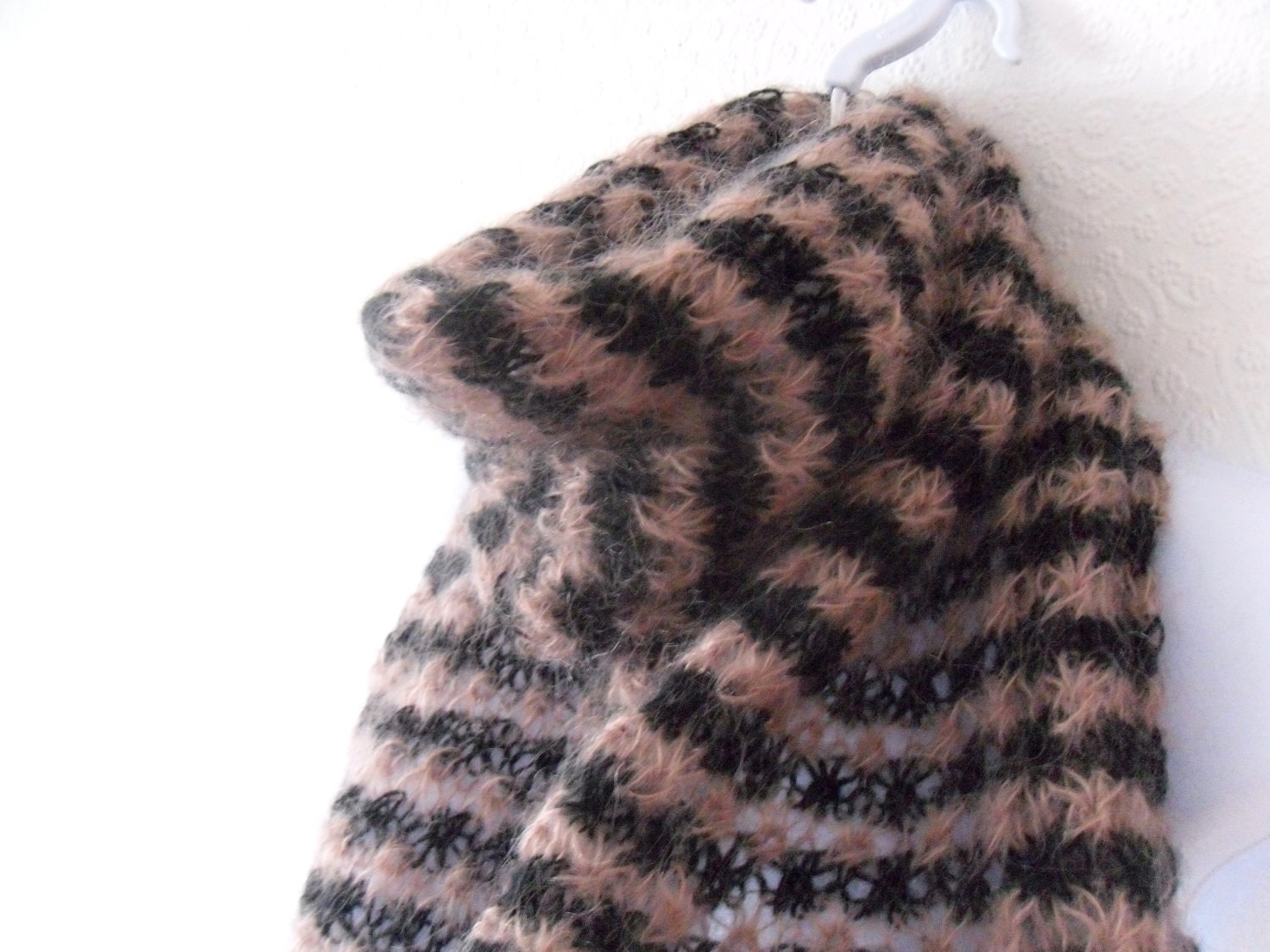 Striped mohair scarf / shawl Dusky pink and black hand knit lace in an open star pattern , sexy , sultry and oh so cuddly