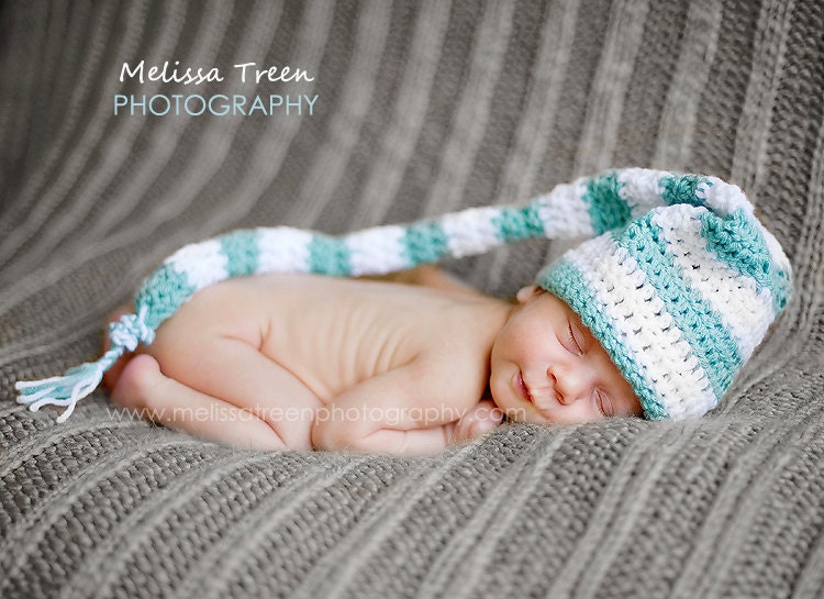 newborn hat baby photo prop, crochet pixie baby hat, blue white stripes