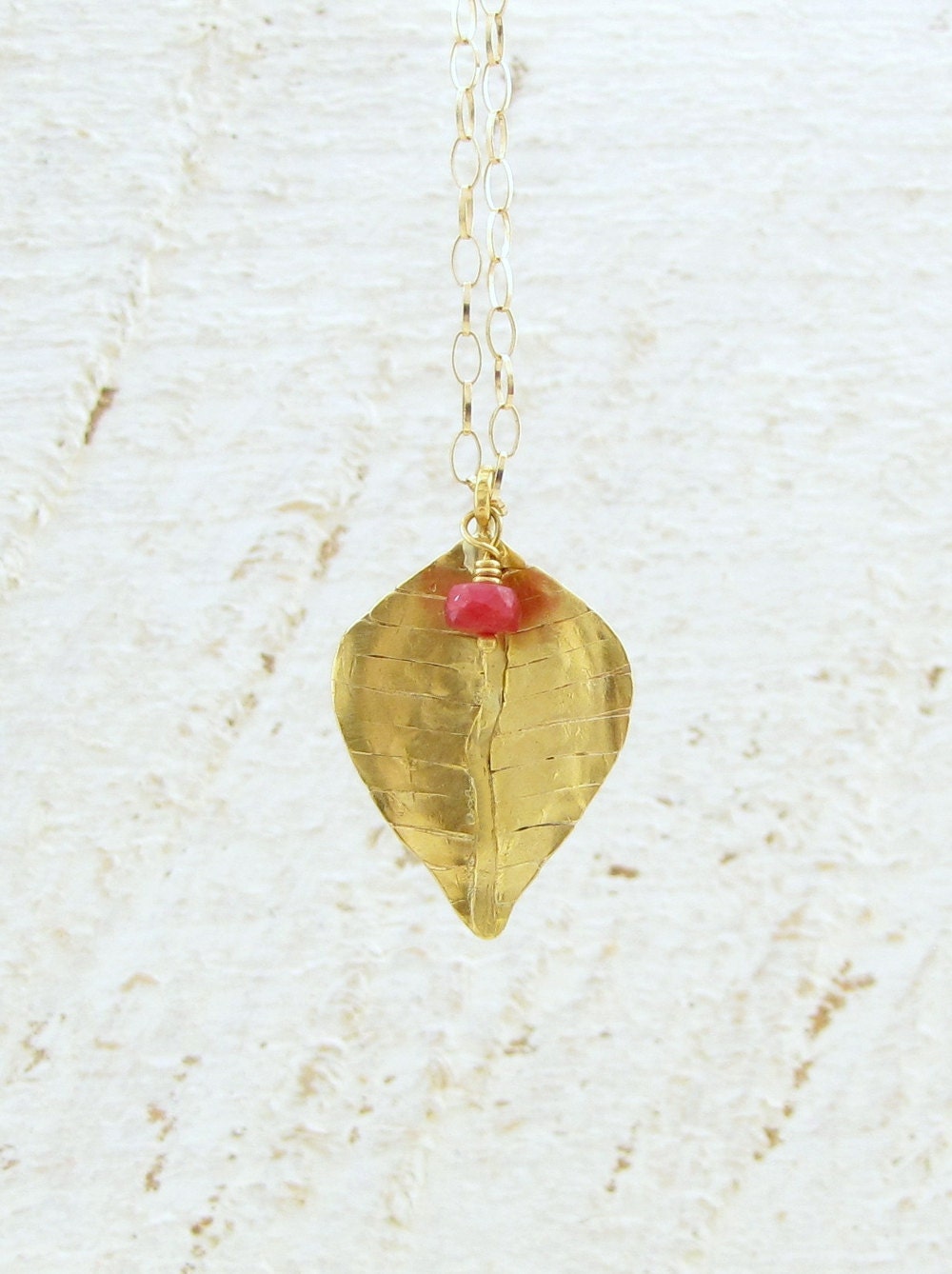 22k Solid  Gold  Pendant with Red Ruby Bead - Gold Leaf Pendant
