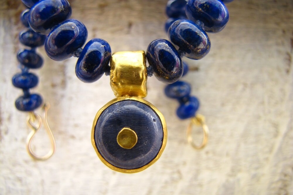 Gold Lapis Lazuli Necklace. 24k Solid gold Lapis Lazuli & Dumortierite Necklace