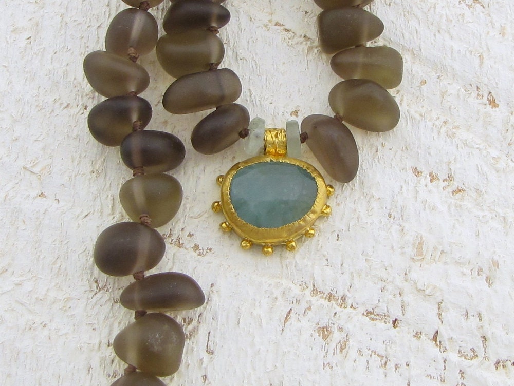 Smoky Topaz & Aquamarine Gold Necklace, 24k Gold Necklace, Gemstones Necklace