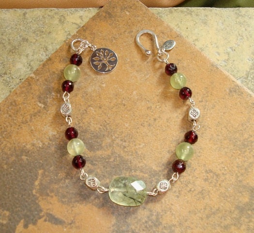 Prehnite and Garnet Tree Of Life Charm Bracelet