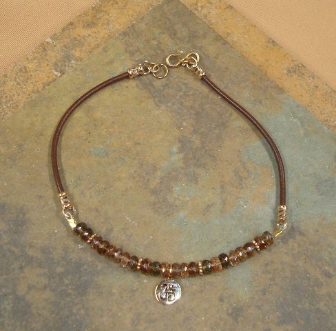 Bronze, Andalusite and Leather Om Charm Yoga Anklet