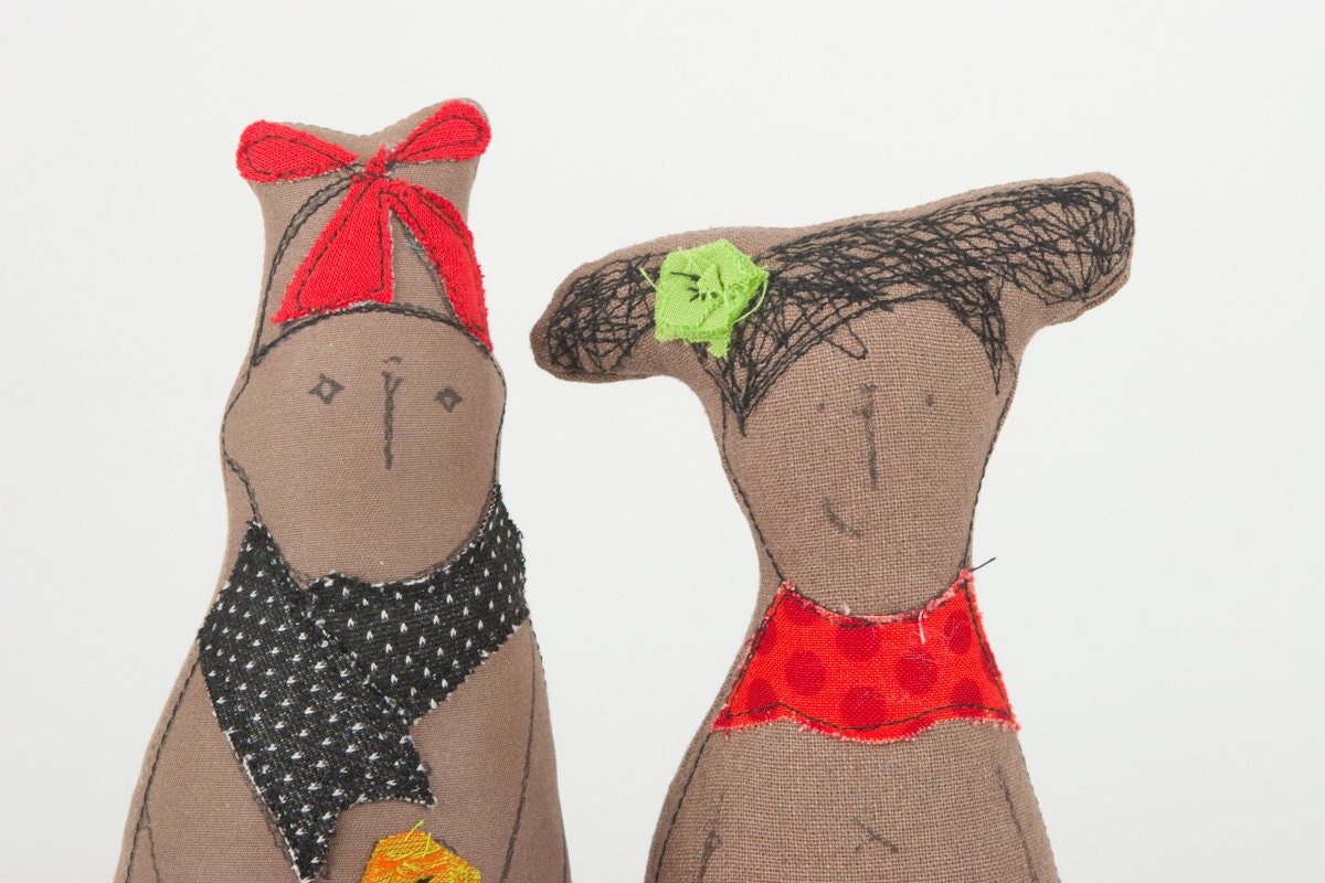 Valentine lovers  Dressed in punctuated Blue and red - handmade fabric dolls