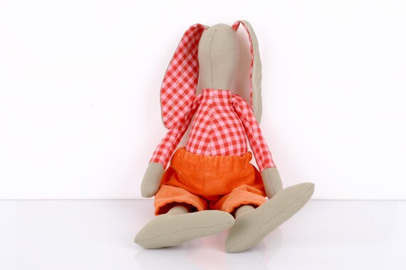 Pink and Orange - light Olive Green Rabbit in Red and pink plaid shirt Wearing Orange corduroy pants - handmade doll