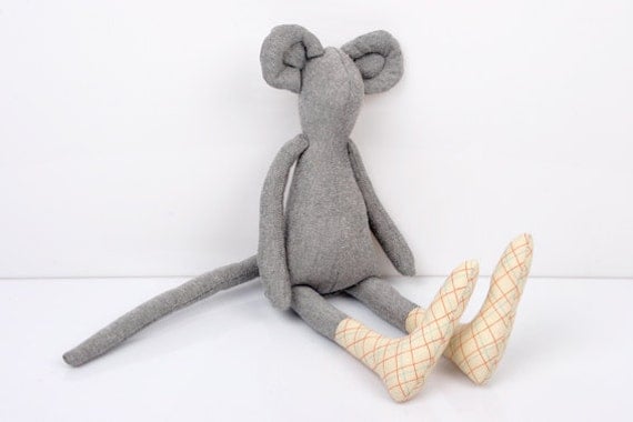 Autumn Mouse :Light Gray Mouse Wearing Light yellow Checkered socks  - handmade fabric doll