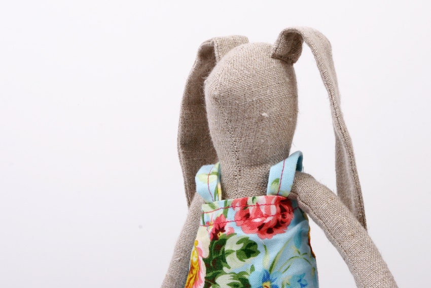 Easter Bunny - Light Natural canvas rabbit- dressed in light blue dress With floral-print handmade fabric doll