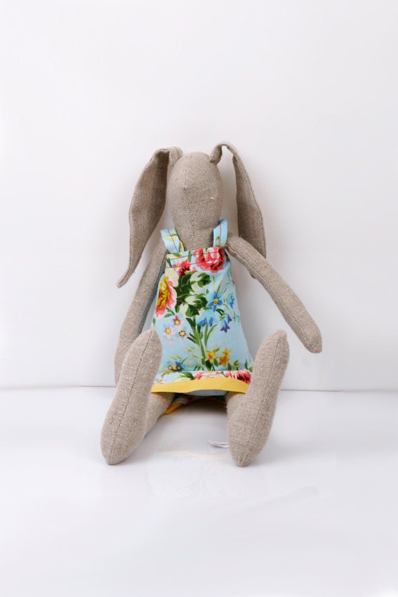 Easter Bunny - Light Natural canvas rabbit- dressed in light blue dress With floral-print handmade fabric doll