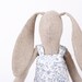 bunny-Natural Canvas rabbit doll in Bright colors Wearing Blue and White Floral dress -handmade fabric doll