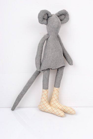 Autumn Mouse :Light Gray Mouse Wearing Light yellow Checkered socks  - handmade fabric doll