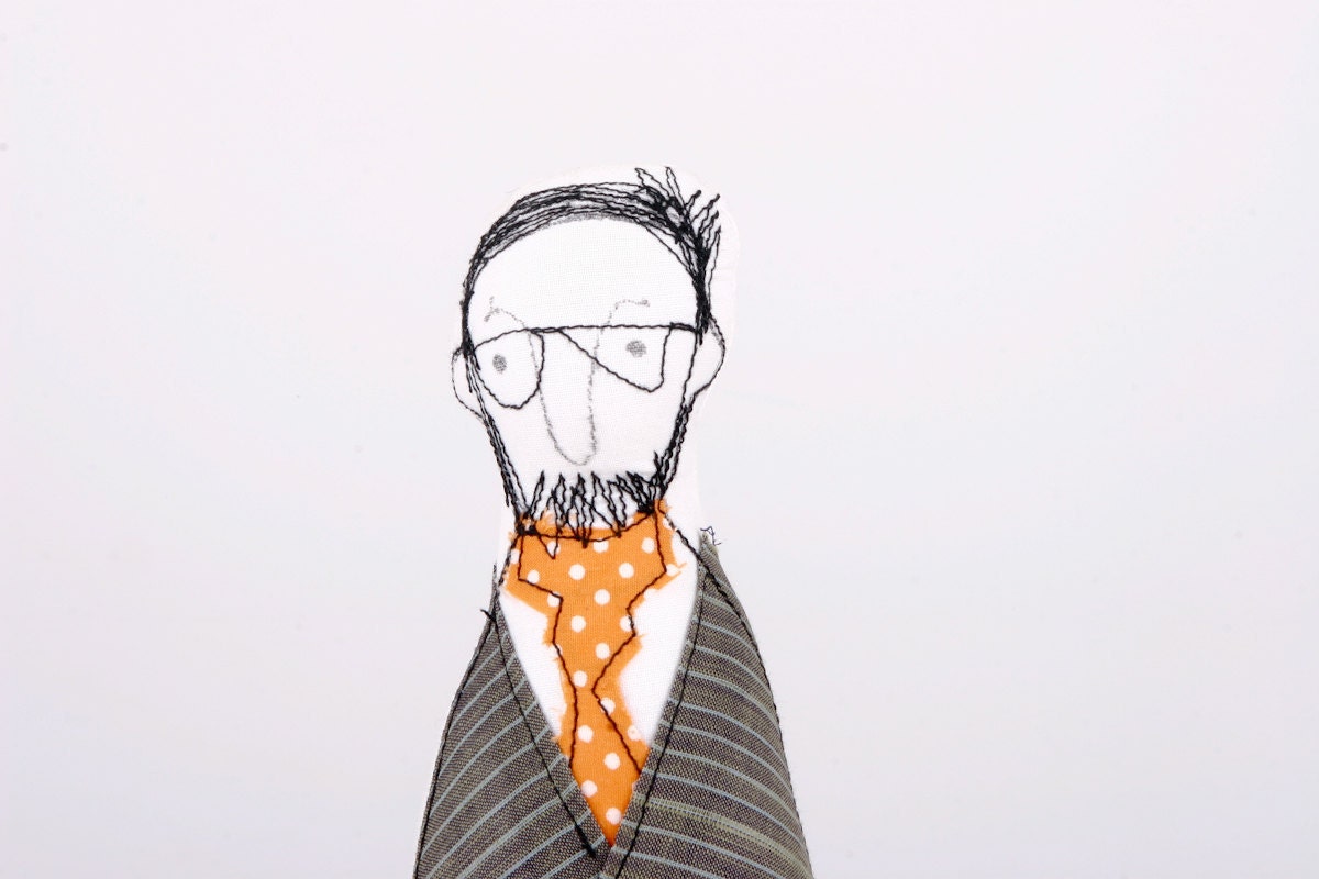 man fabric doll in gray , orange , brown,tie & glasses (you sure know someone like that guy) -handmade free shipping