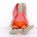 Pink and Orange - light Olive Green Rabbit in Red and pink plaid shirt Wearing Orange corduroy pants - handmade doll