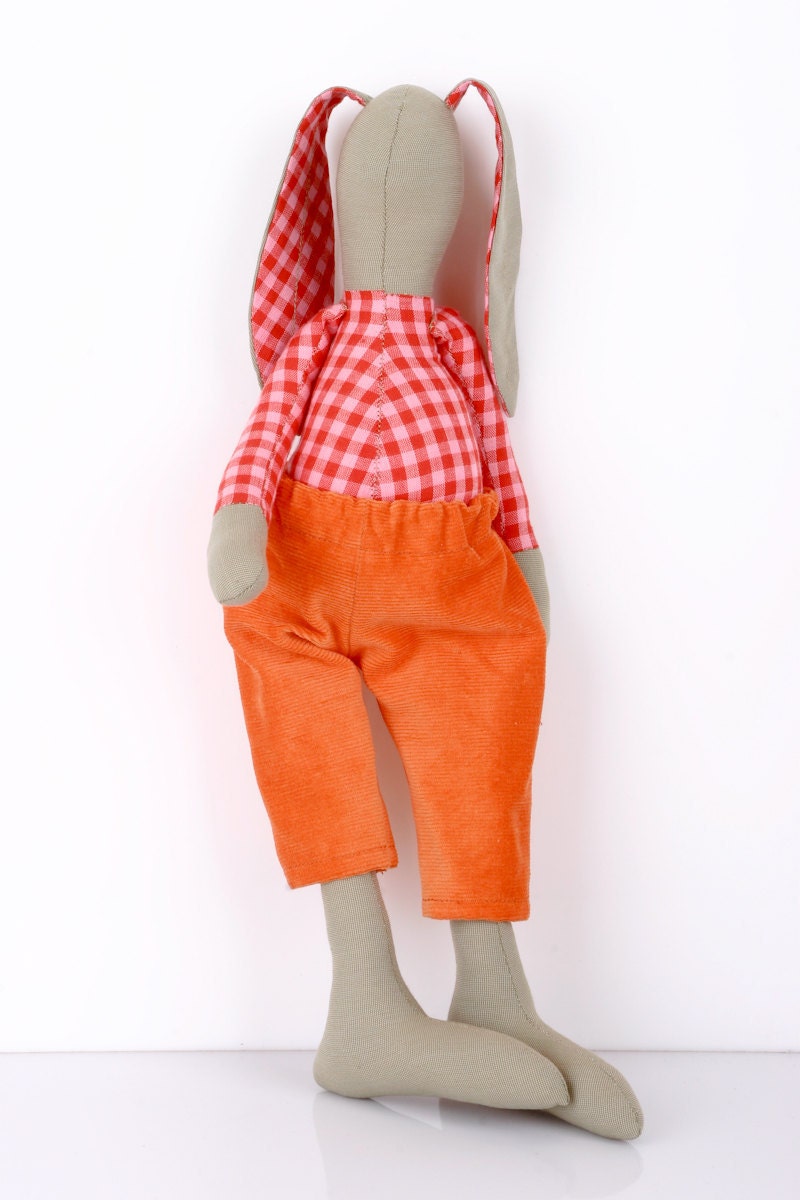 Pink and Orange - light Olive Green Rabbit in Red and pink plaid shirt Wearing Orange corduroy pants - handmade doll