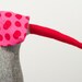 Rare species knitted Pure gray silk bird with red Longggg beak wearing pink dotted red hat and Neon green corduroy - handmade doll