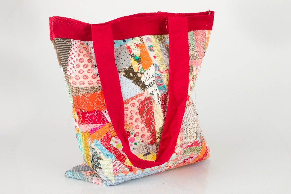 Recycled big Tote Shoulder Bag ,Colorful Cotton scraps from the studio With red handle - Handmade