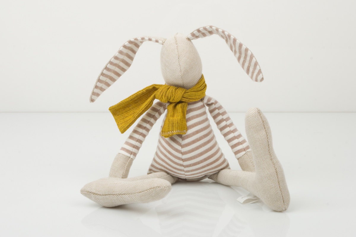 Little Easter bunny , dressed for spring in beige striped shirt and mustard scarf - handmade fabric doll