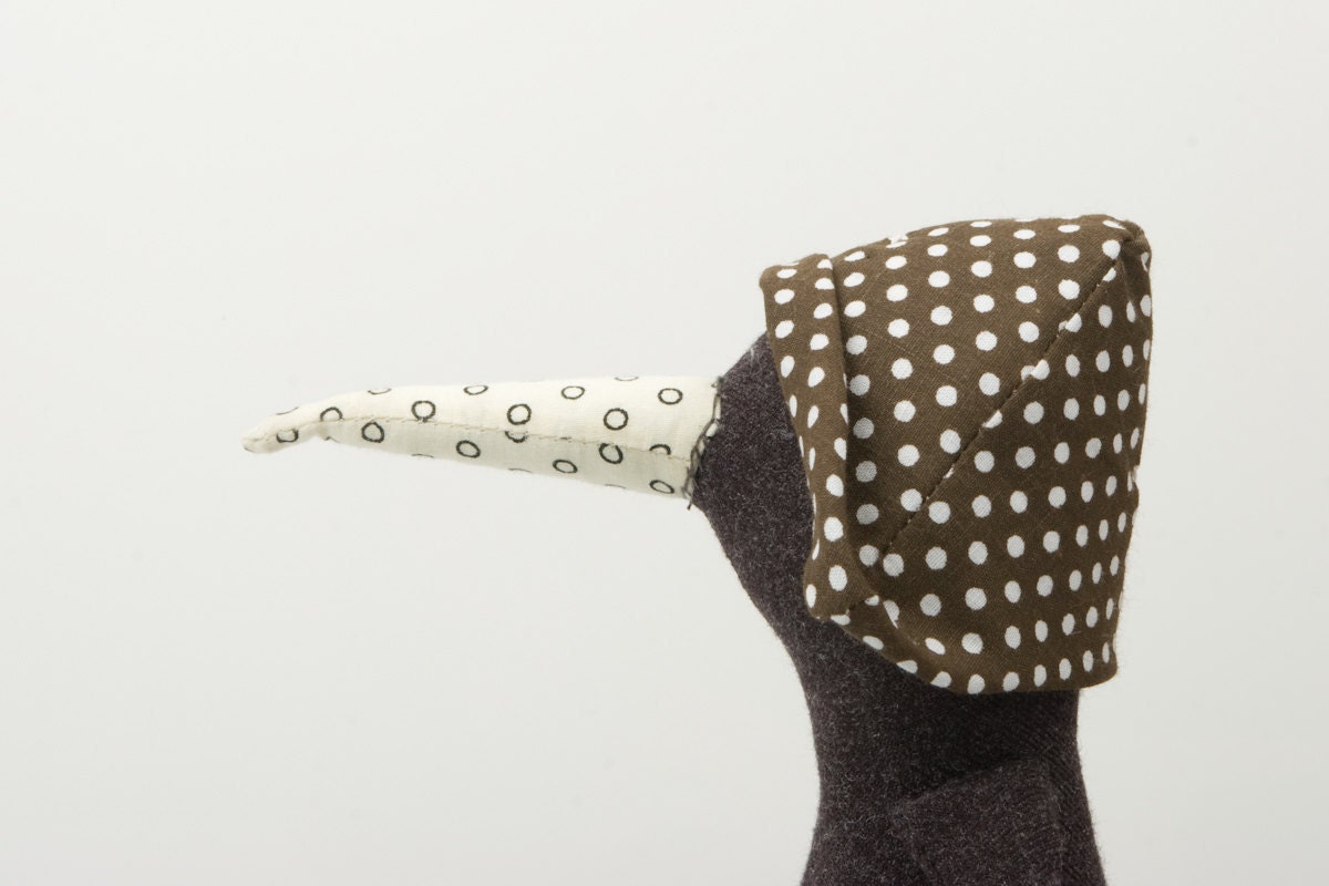 Dark soft penguin or bird Wearing Brown hat with the white spots and green corduroy pants - handmade fabric doll