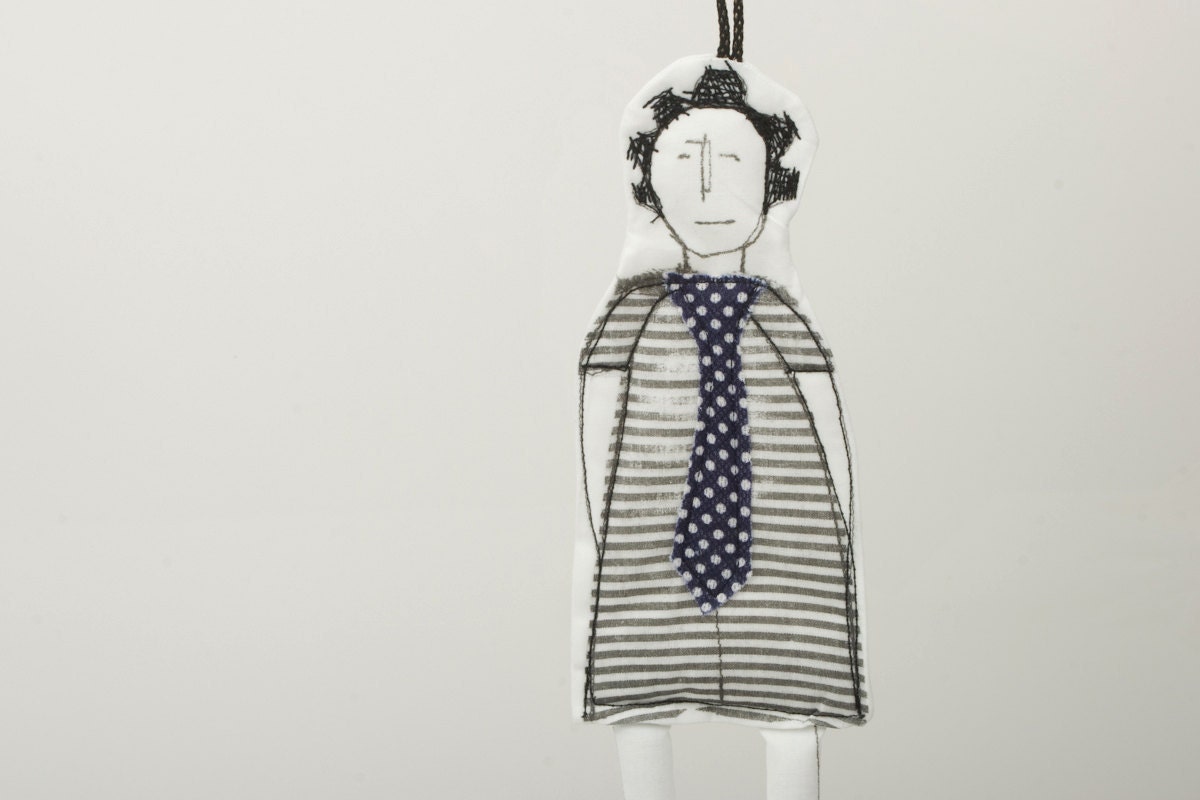 Black and white Modern hip Teenager Wall Decoration - Wearing a striped dress and a polka dot tie - handmade fabric doll