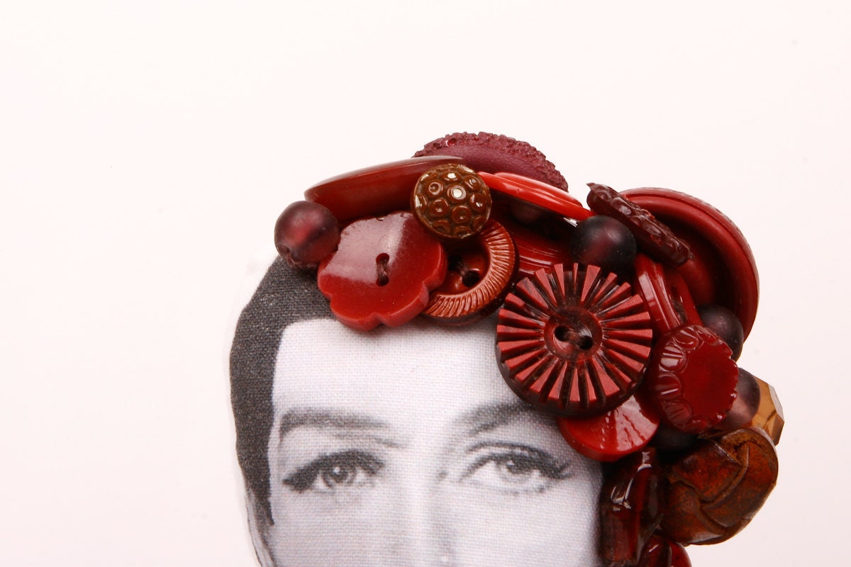 Mysterious Beaded doll -  lady wearing Brown dress  with scissors with Bordeaux vintage Beads and Buttons -handmade doll