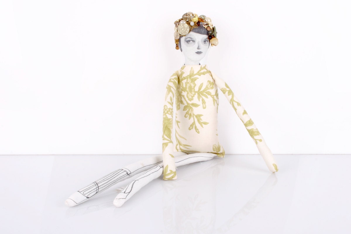 Romantic Lady Doll with Vintage buttons and beads Wearing white floral dress White and pale green- handmade fabric doll