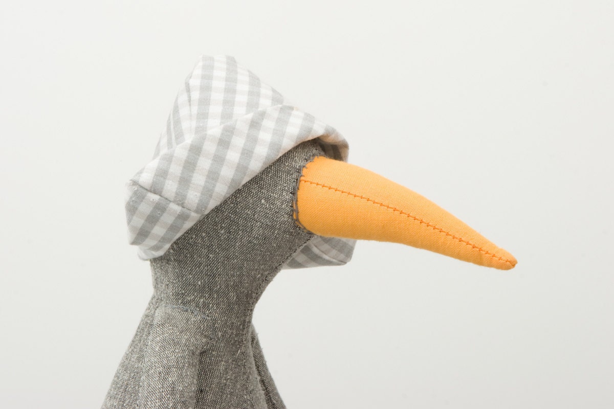 Gray Bird, duck or maybe a penguin... in Checkered hat, Bright orange beak and gray jeans - handmade fabric doll