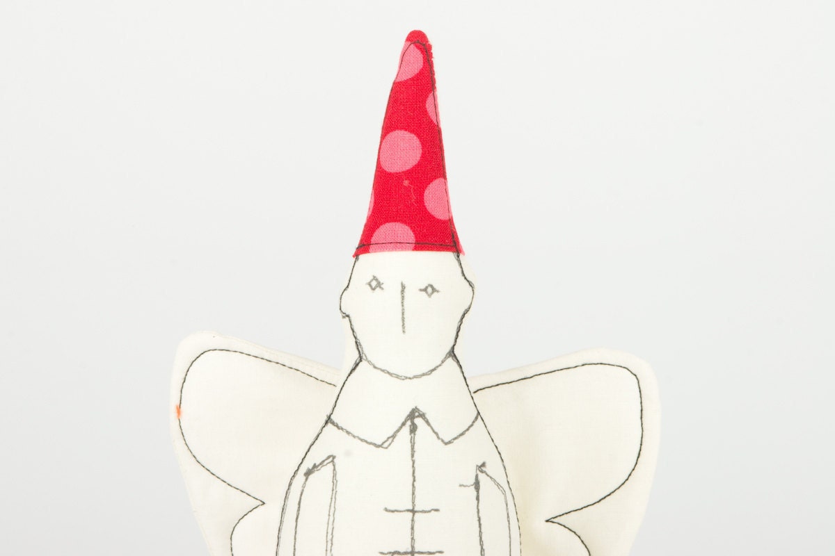 Christmas Dreamy Black & White guardian angel With white wings Wearing Pointy red hat dotted pink - eco handmade fabric doll