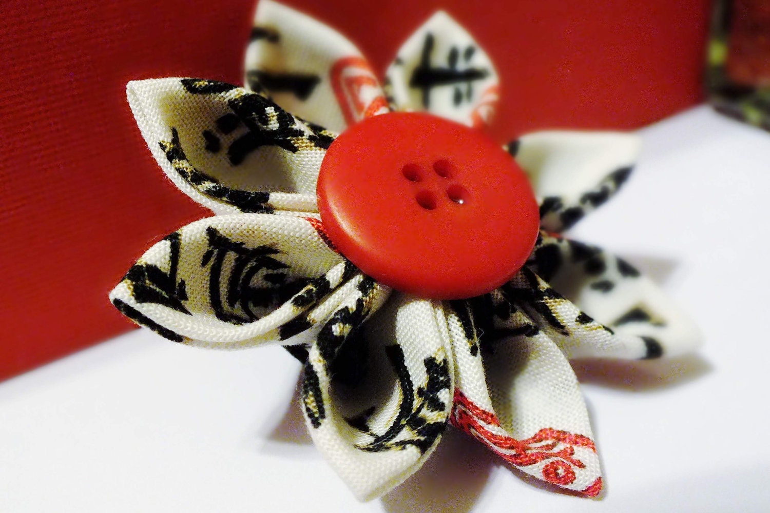 Kanzashi Flower Hair Clip Asian Fabric with Red Button Accent