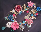 Reclaimed Vintage Necklace, Vintage Elephant Charms, Enamel Flower Brooch, Statement Necklace, Whimsy - Elephant Walk