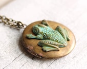 Frog Locket ... Verdigris Vintage Locket with Garden Toad Woodland Pond Lake