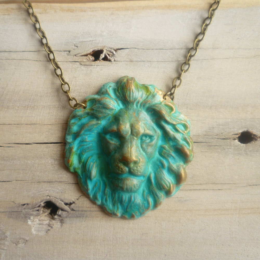 Verdigris Lions Head Necklace... Classical Turquoise Indie Kitsch