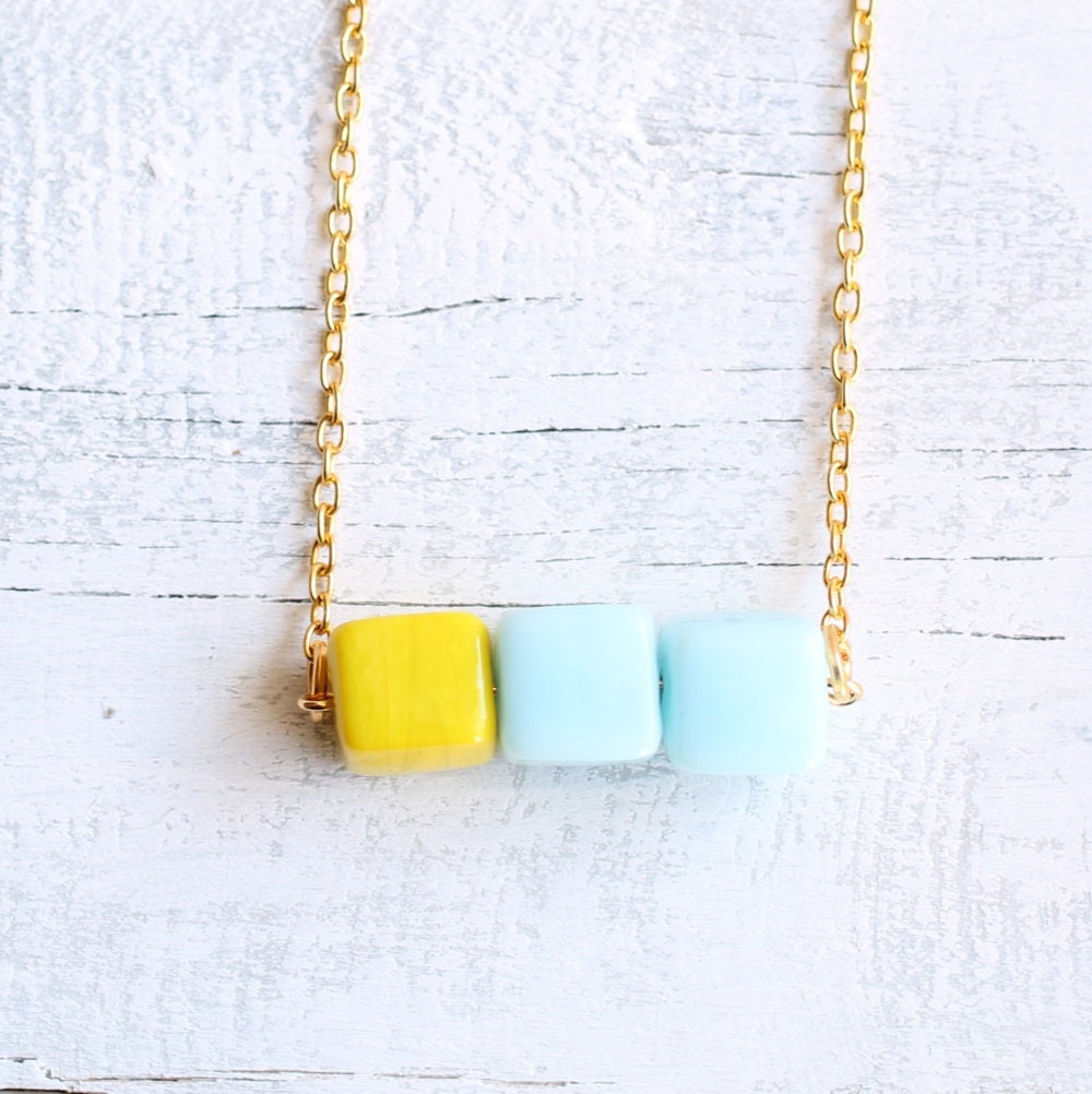 Neon Necklace ... Turquoise Lemon Yellow Clash Block Pendant Beach