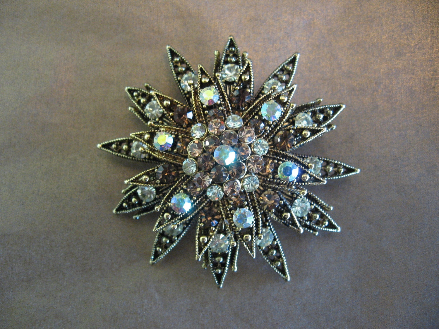 Vintage Layered Topaz, Clear and Ab Rhinestone Brooch