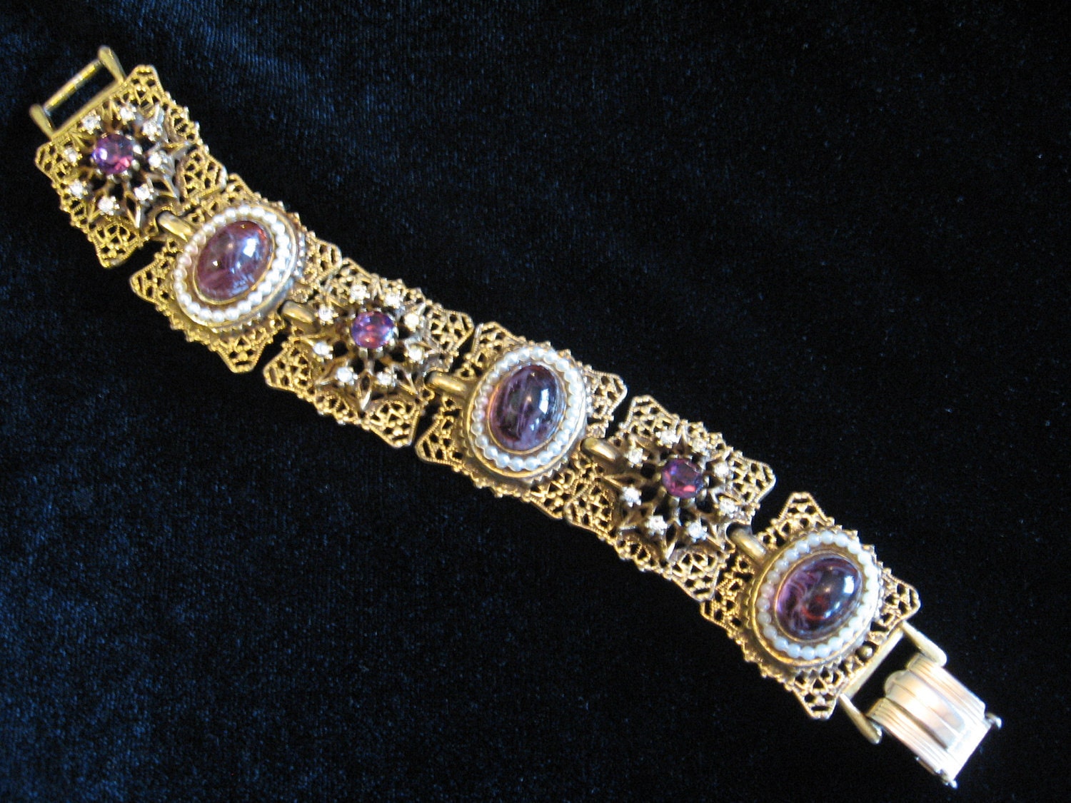 SALE 15% Off Vintage Signed ART Filigree Bracelet with Grape Swirl Glass Cabochon, Faux Pearls and Rhinestones
