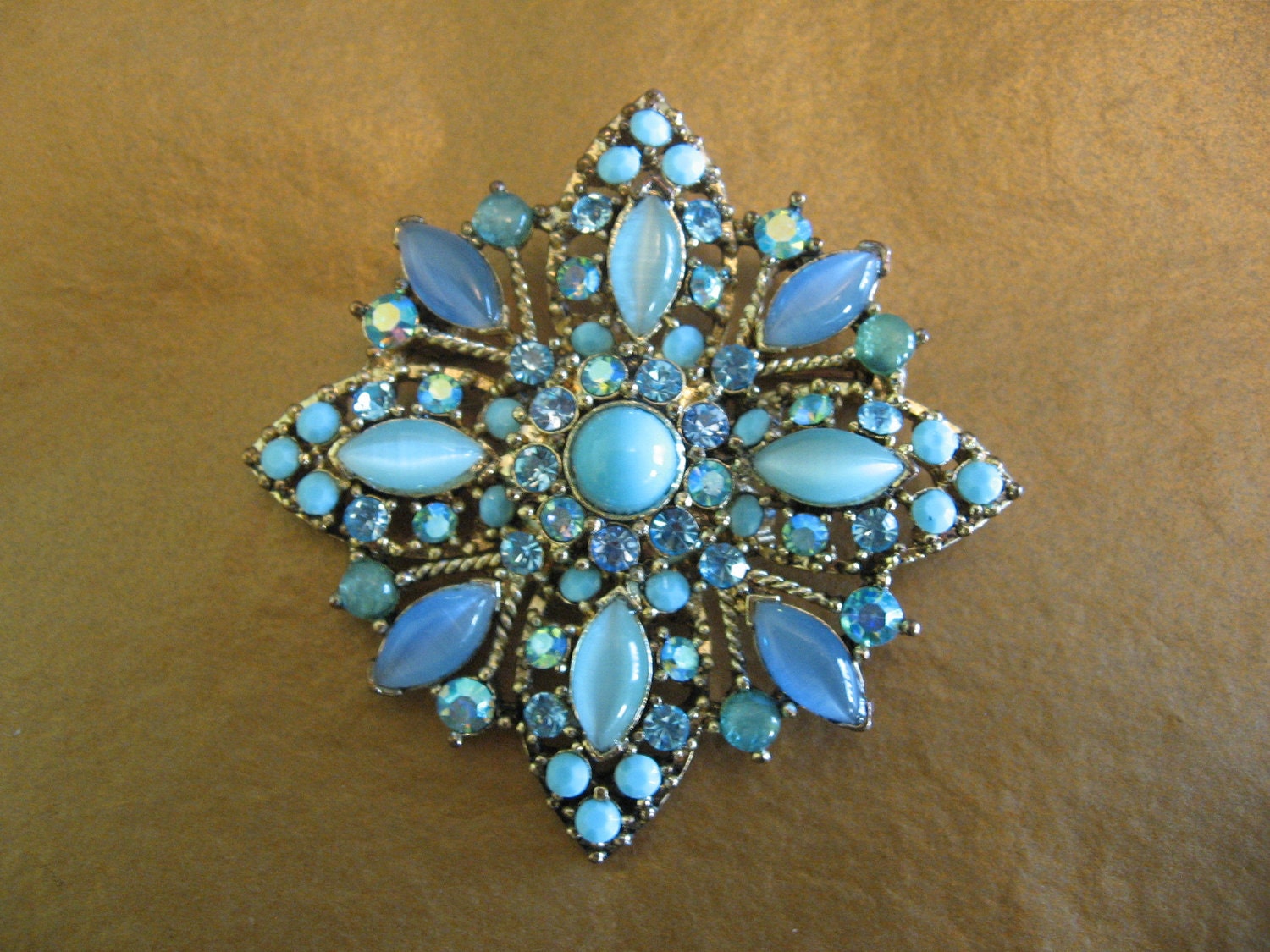 SALE 15% Off Vintage Blue Ab Rhinestone and Moonglow Cabochon Brooch